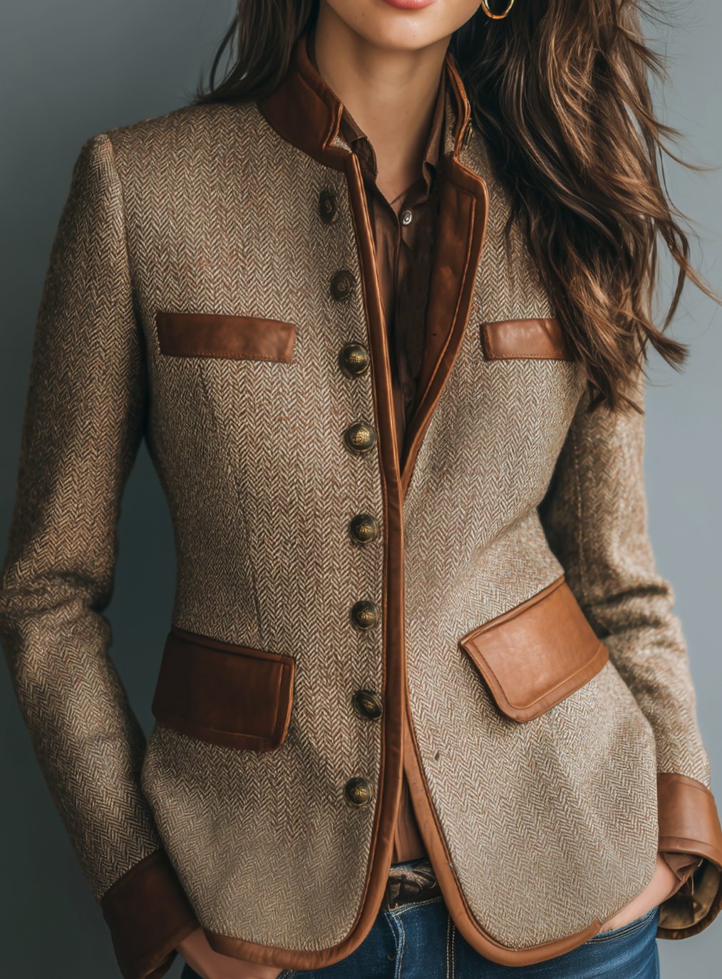 Women's Herringbone Tweed Leather-Trim Button-Front Blazer Jacket - Brown