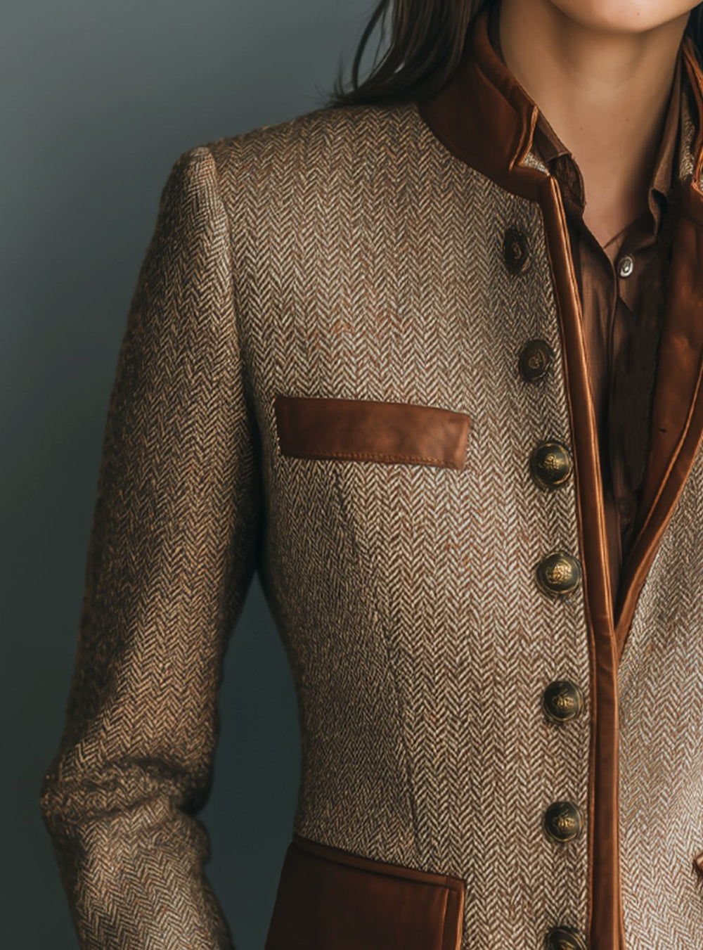Women's Herringbone Tweed Leather-Trim Button-Front Blazer Jacket