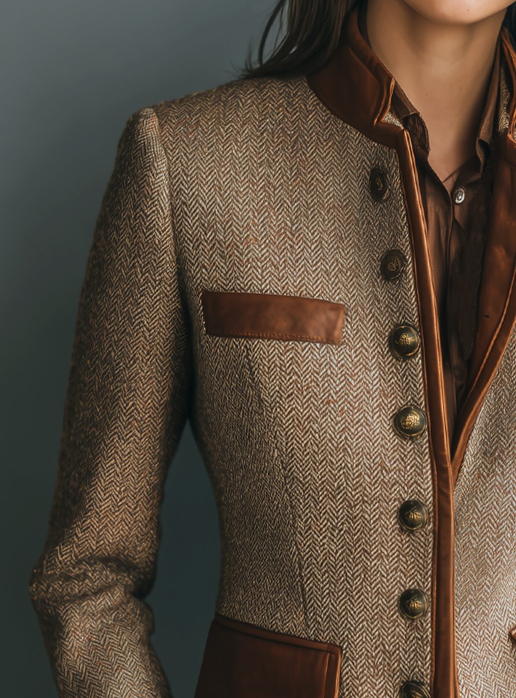 Women's Herringbone Tweed Leather-Trim Button-Front Blazer Jacket