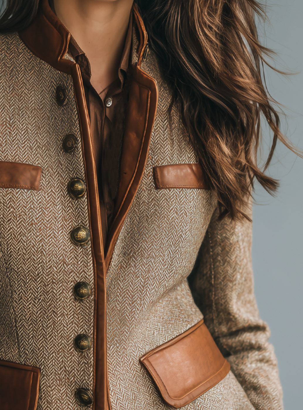 Women's Herringbone Tweed Leather-Trim Button-Front Blazer Jacket