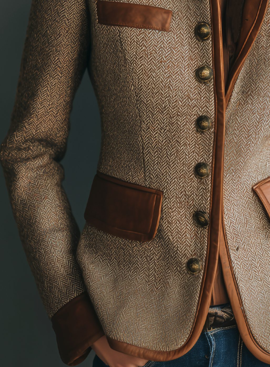 Women's Herringbone Tweed Leather-Trim Button-Front Blazer Jacket