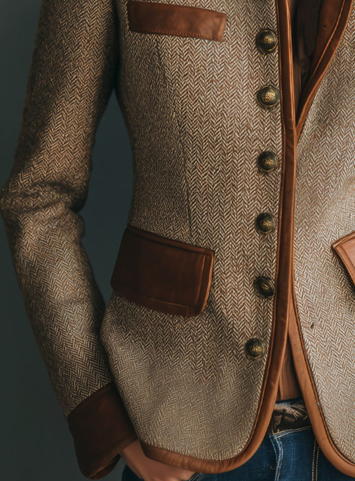 Women's Herringbone Tweed Leather-Trim Button-Front Blazer Jacket