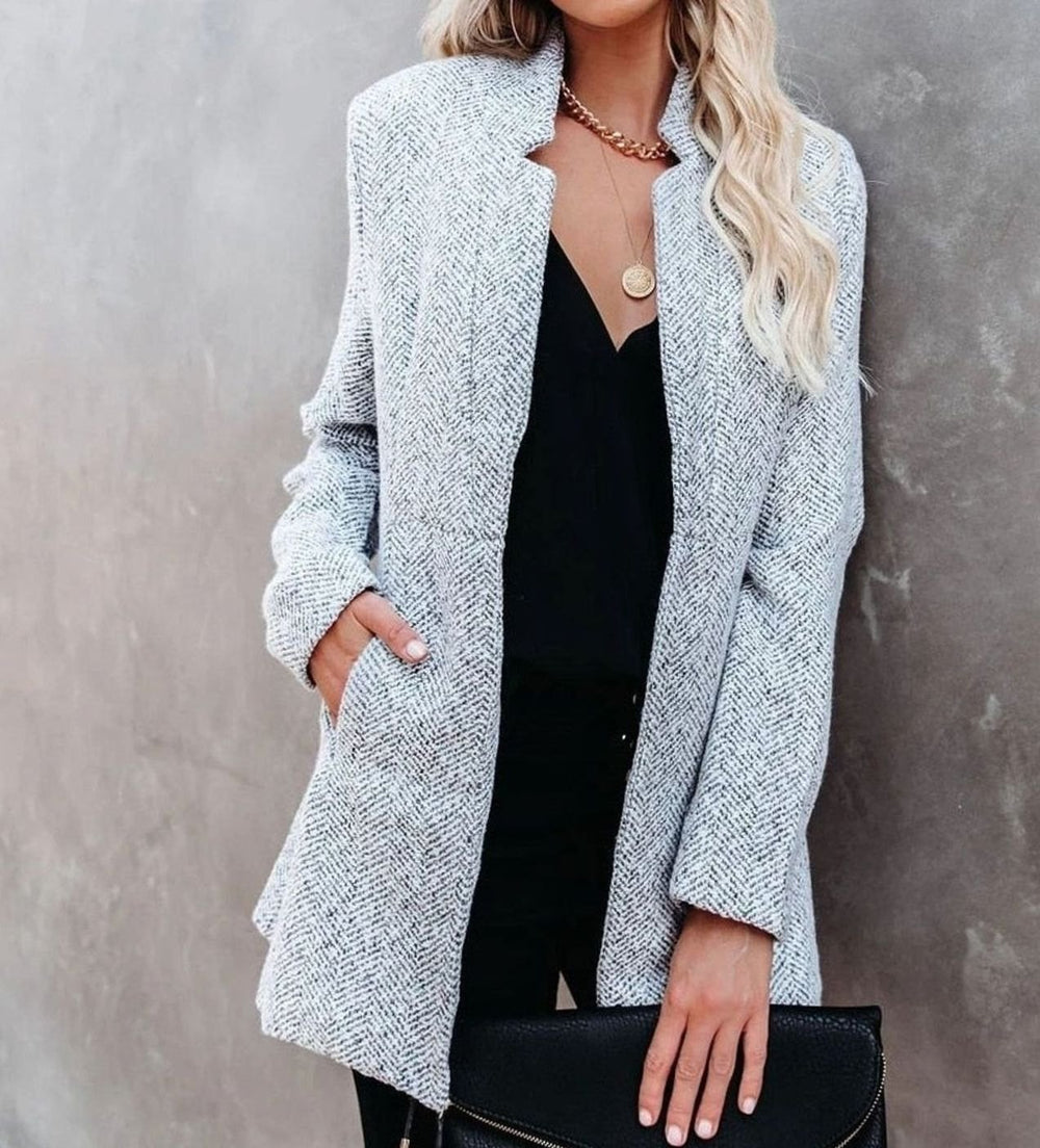 Women's Herringbone Tweed Notch-Collar Longline Blazer Jacket