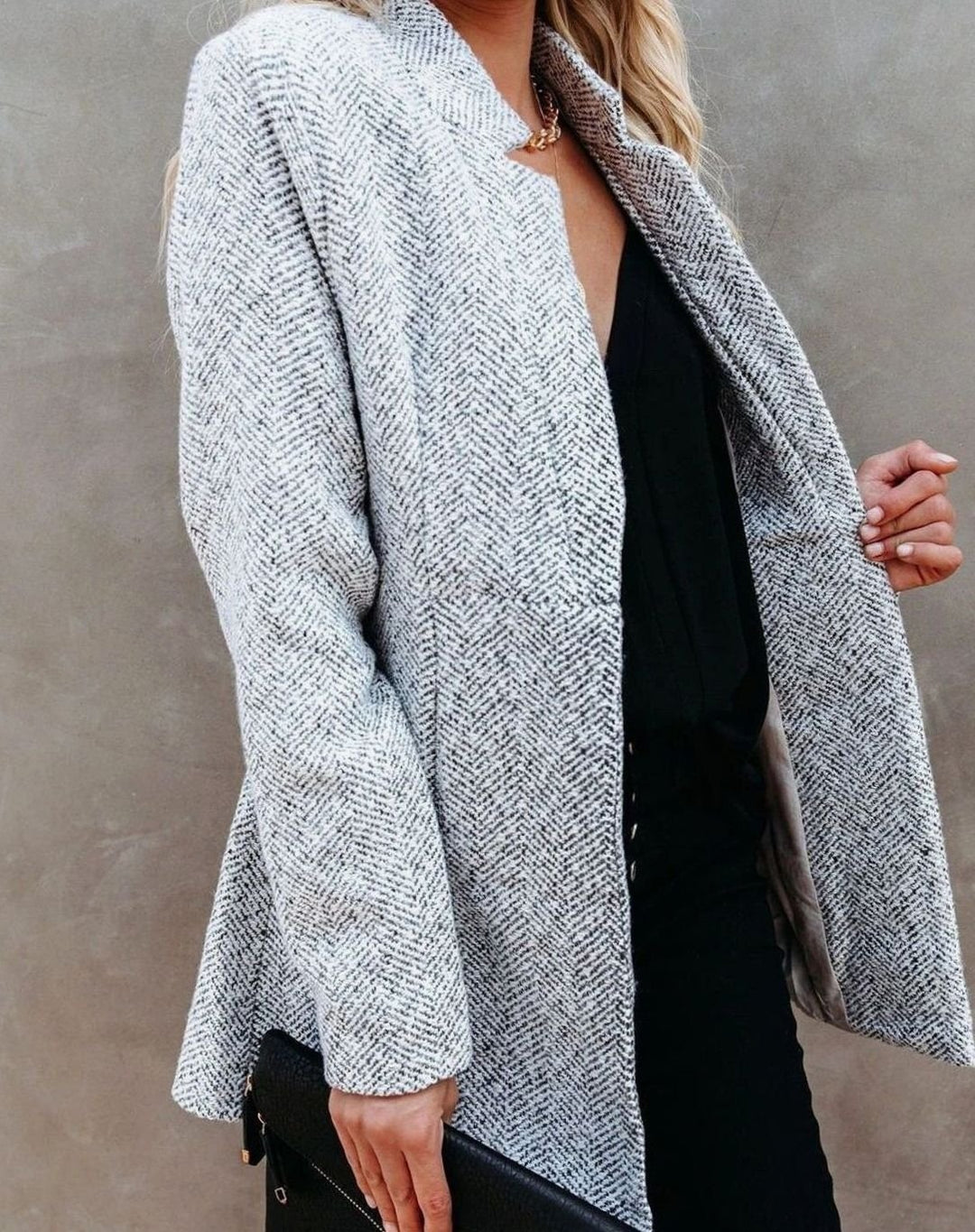 Women's Herringbone Tweed Notch-Collar Longline Blazer Jacket