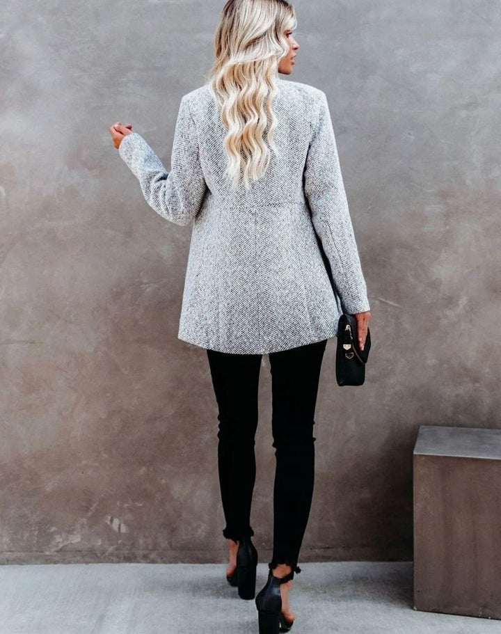Women's Herringbone Tweed Notch-Collar Longline Blazer Jacket