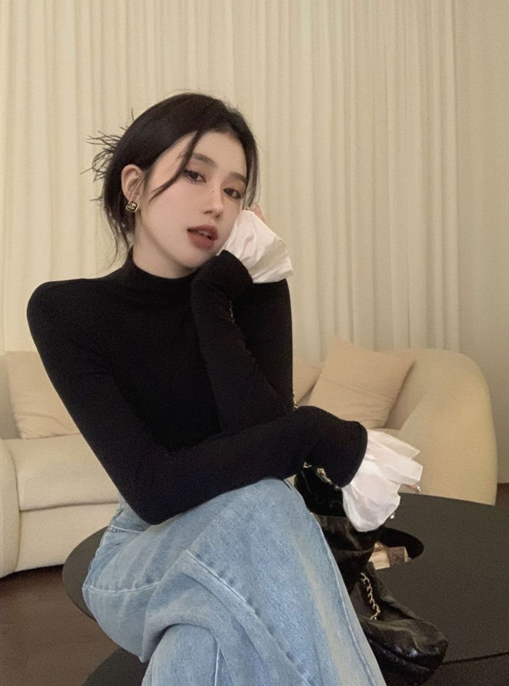 Women's High-Neck Long-Sleeve Knit Top Frill Cuff Detail - Leo