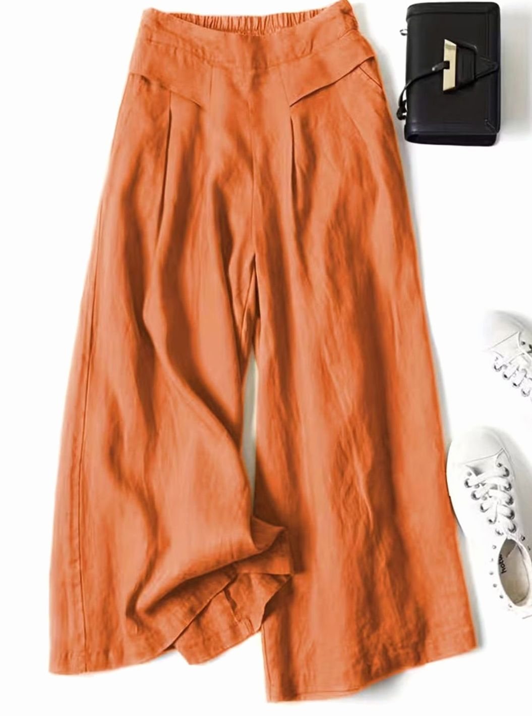 Women's High-Waist Elastic Waistband Loose Wide-Leg Trousers - Orange
