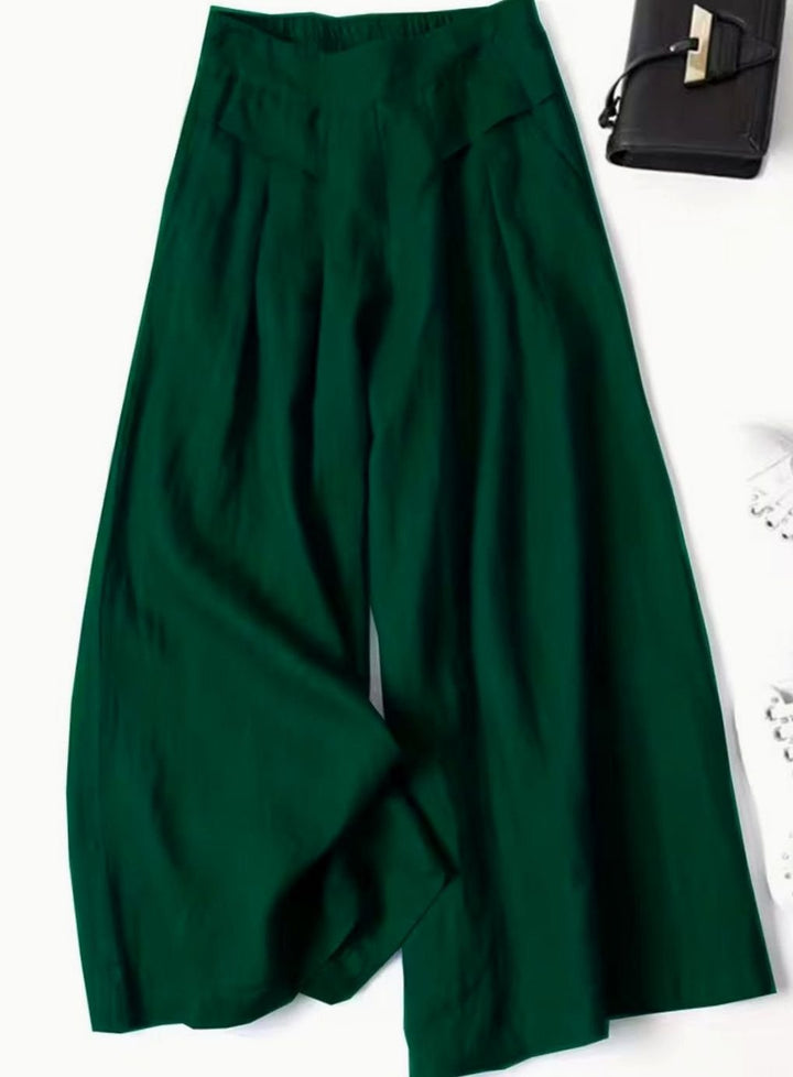 Women's High-Waist Elastic Waistband Loose Wide-Leg Trousers - Green