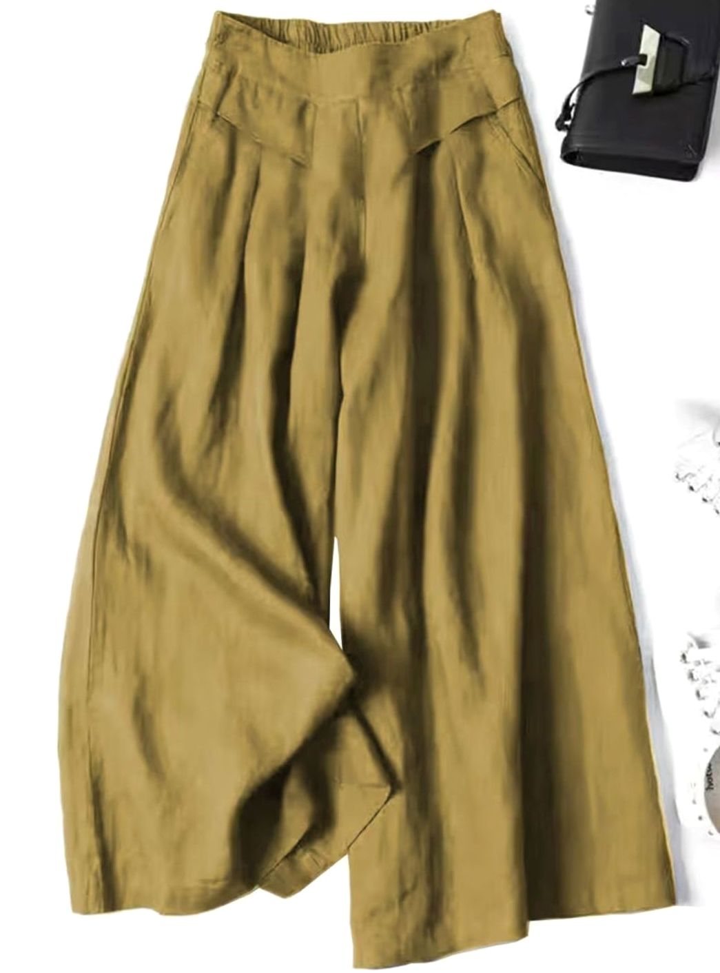 Women's High-Waist Elastic Waistband Loose Wide-Leg Trousers - Mustard Yellow