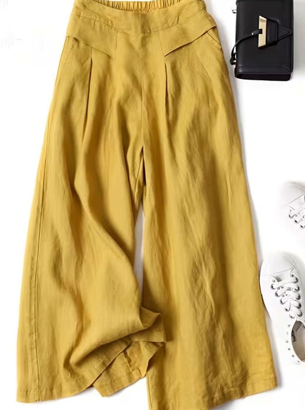 Women's High-Waist Elastic Waistband Loose Wide-Leg Trousers - Yellow