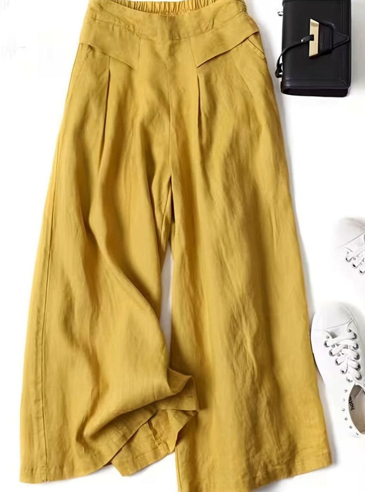 Women's High-Waist Elastic Waistband Loose Wide-Leg Trousers - Yellow