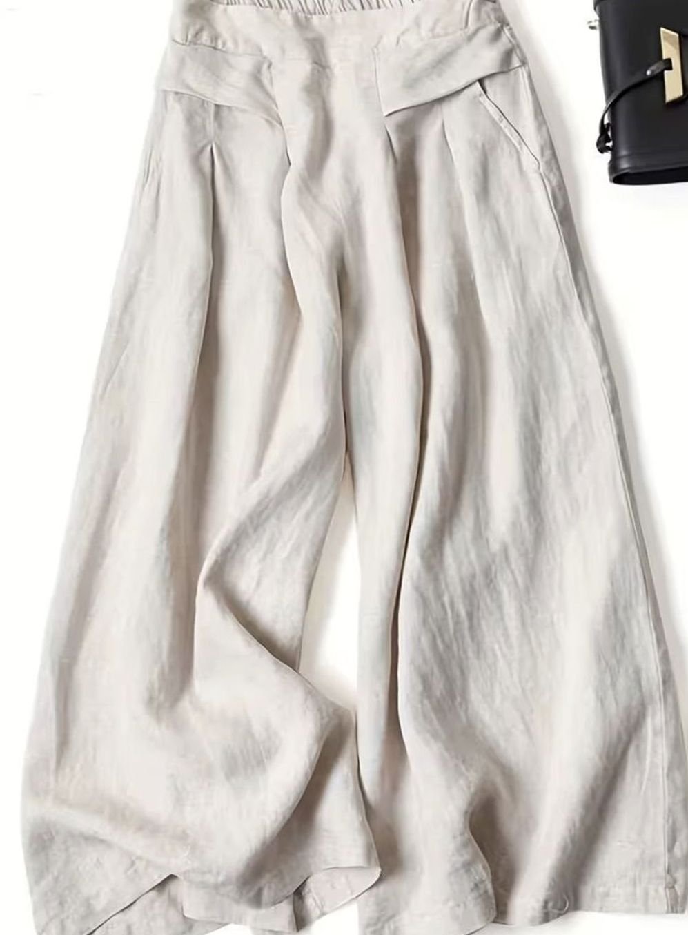 Women's High-Waist Elastic Waistband Loose Wide-Leg Trousers - Beige