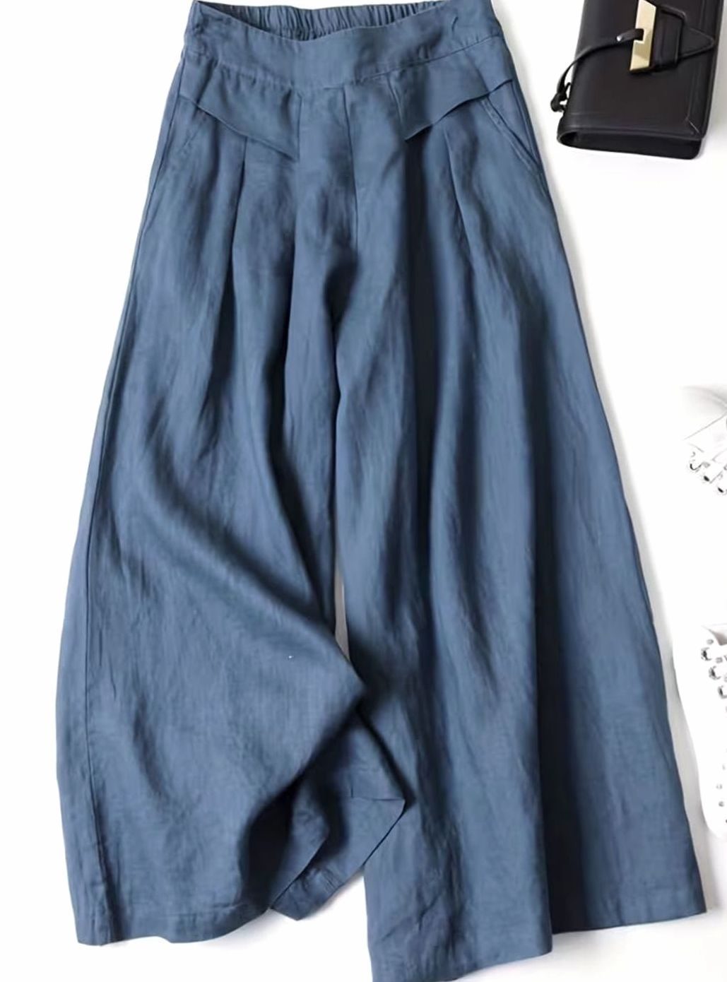 Women's High-Waist Elastic Waistband Loose Wide-Leg Trousers - Blue