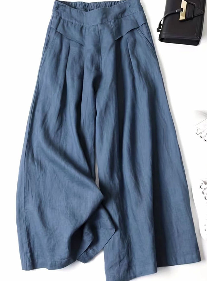 Women's High-Waist Elastic Waistband Loose Wide-Leg Trousers - Blue