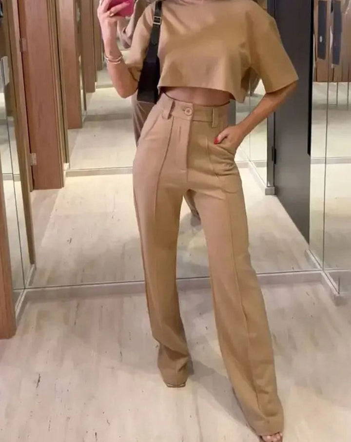 Women's High-Waist Wide-Leg Crop Top Two-Piece Trouser Set