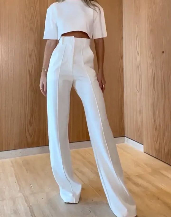 Women's High-Waist Wide-Leg Crop Top Two-Piece Trouser Set - White
