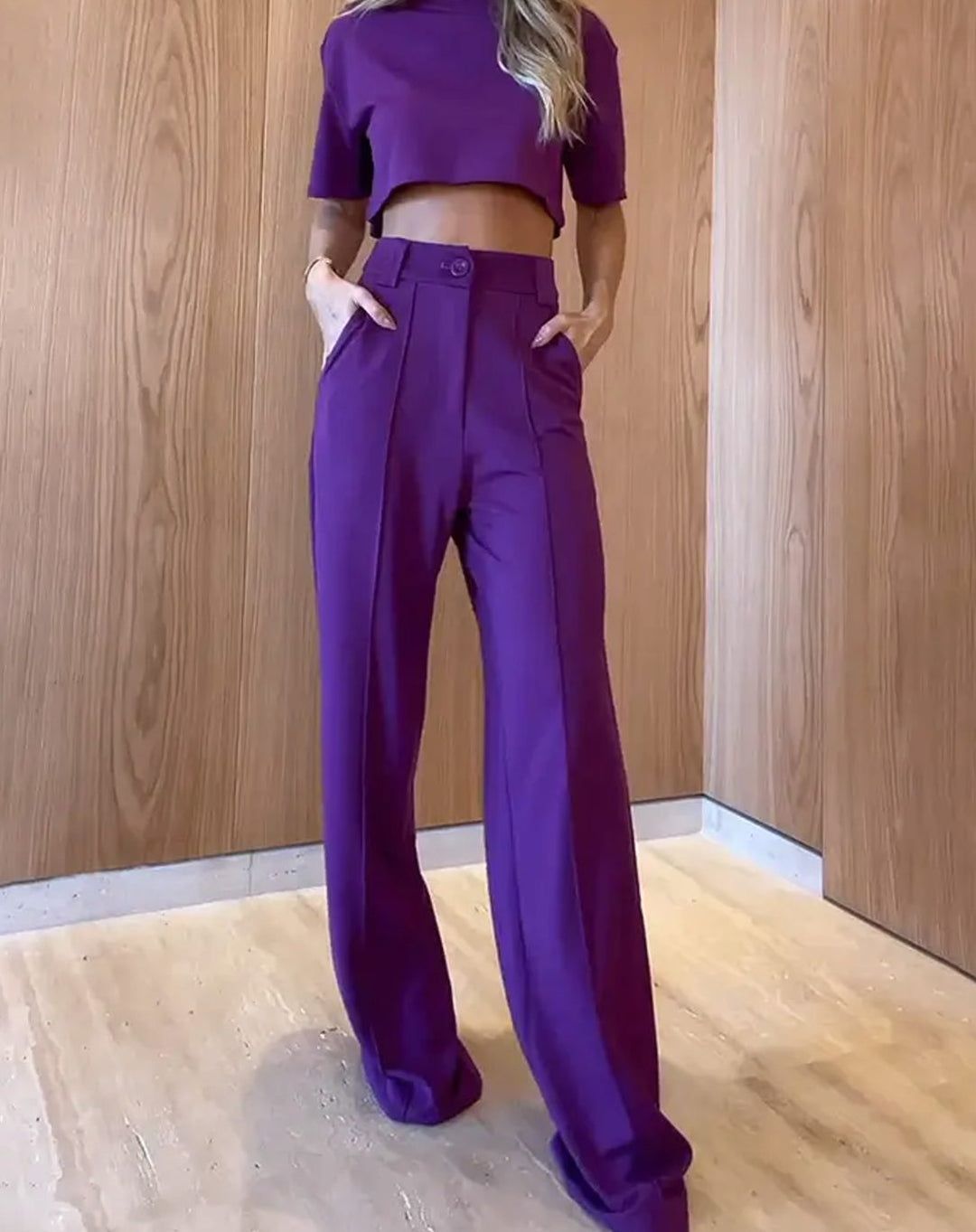 Women's High-Waist Wide-Leg Crop Top Two-Piece Trouser Set