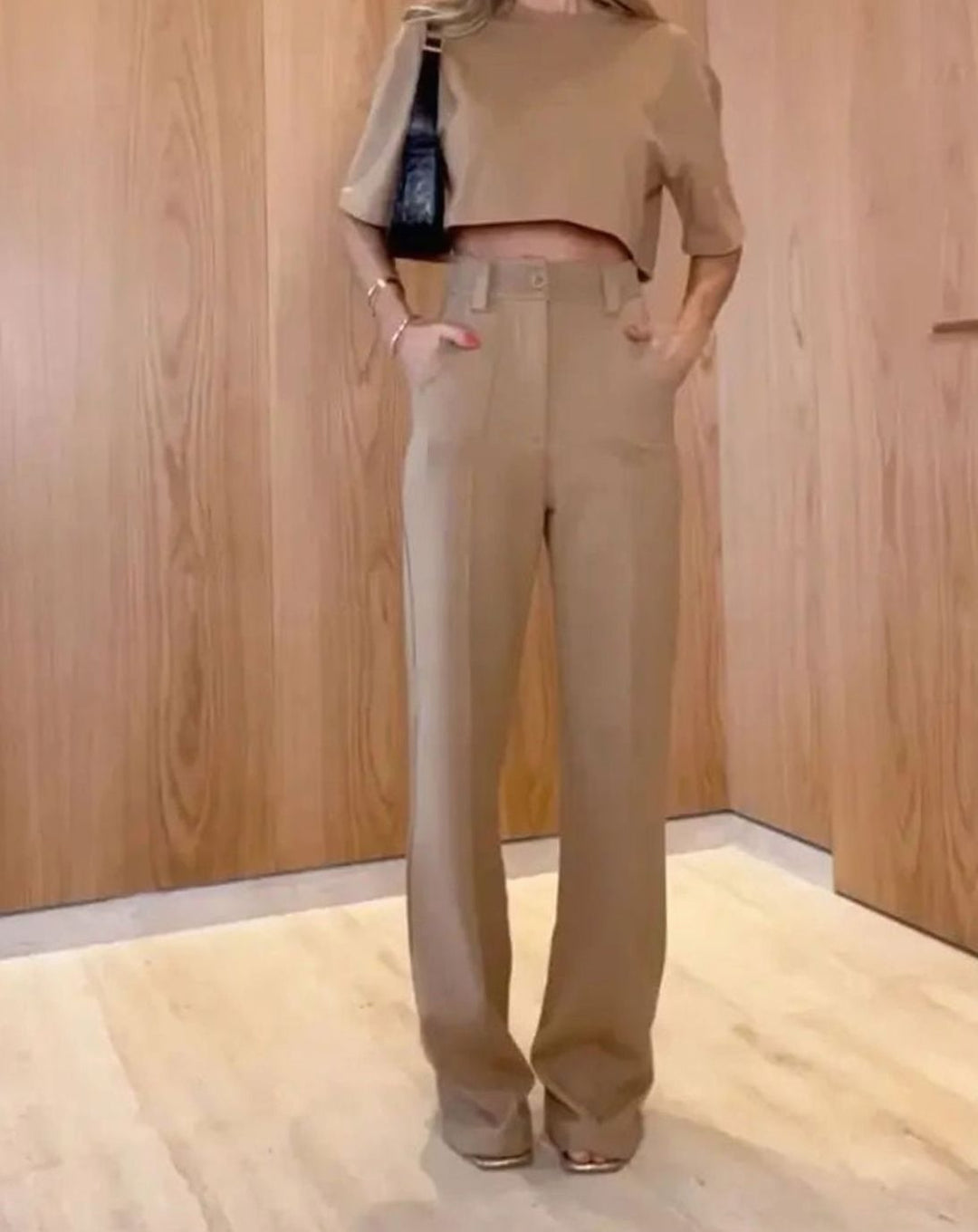 Women's High-Waist Wide-Leg Crop Top Two-Piece Trouser Set - Brown