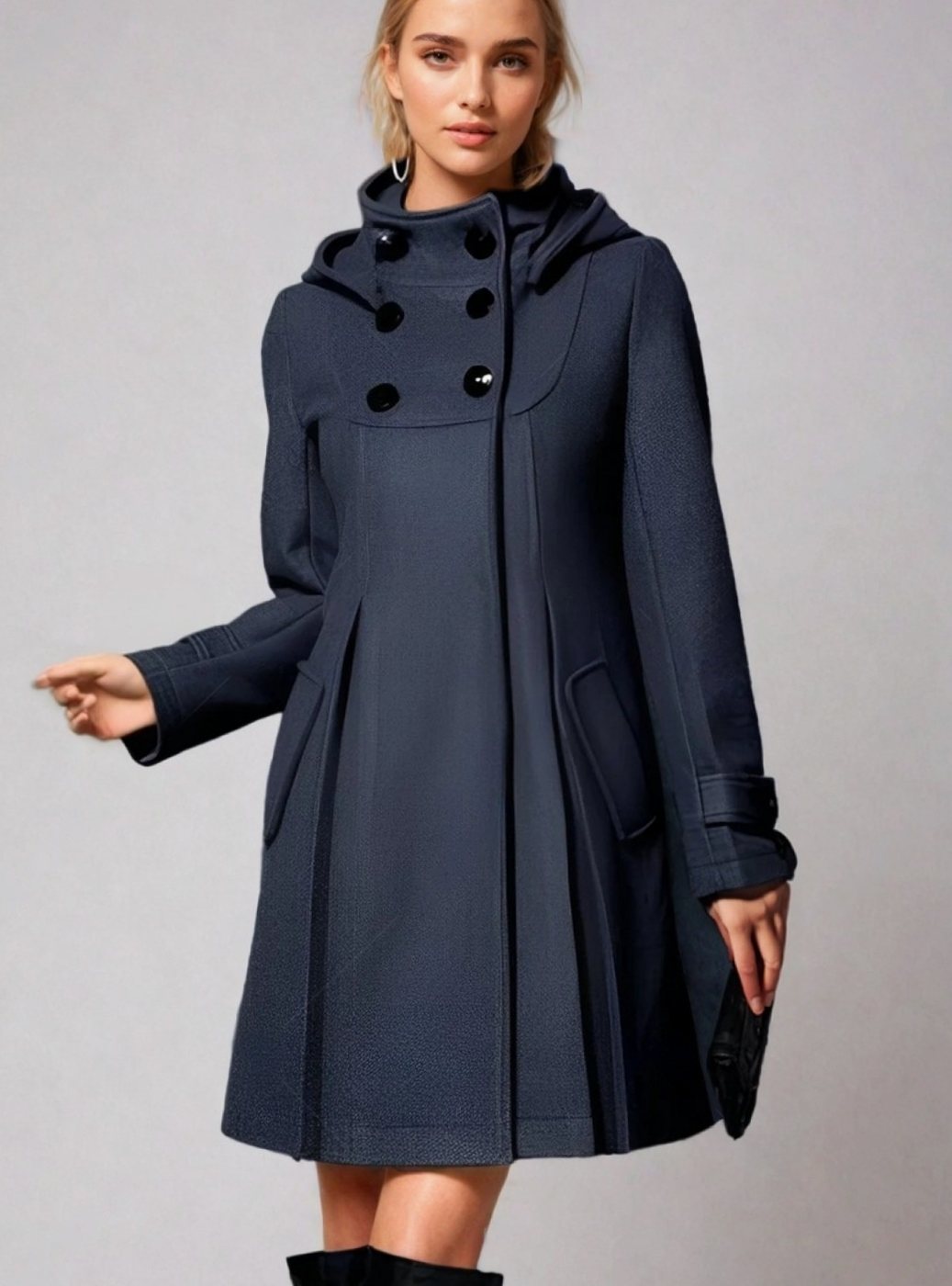 Women's Hooded Double-Breasted A-Line Winter Coat