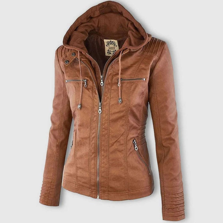 Women's Hooded Faux Leather Biker Jacket Zip-Up Drawstring - Khaki