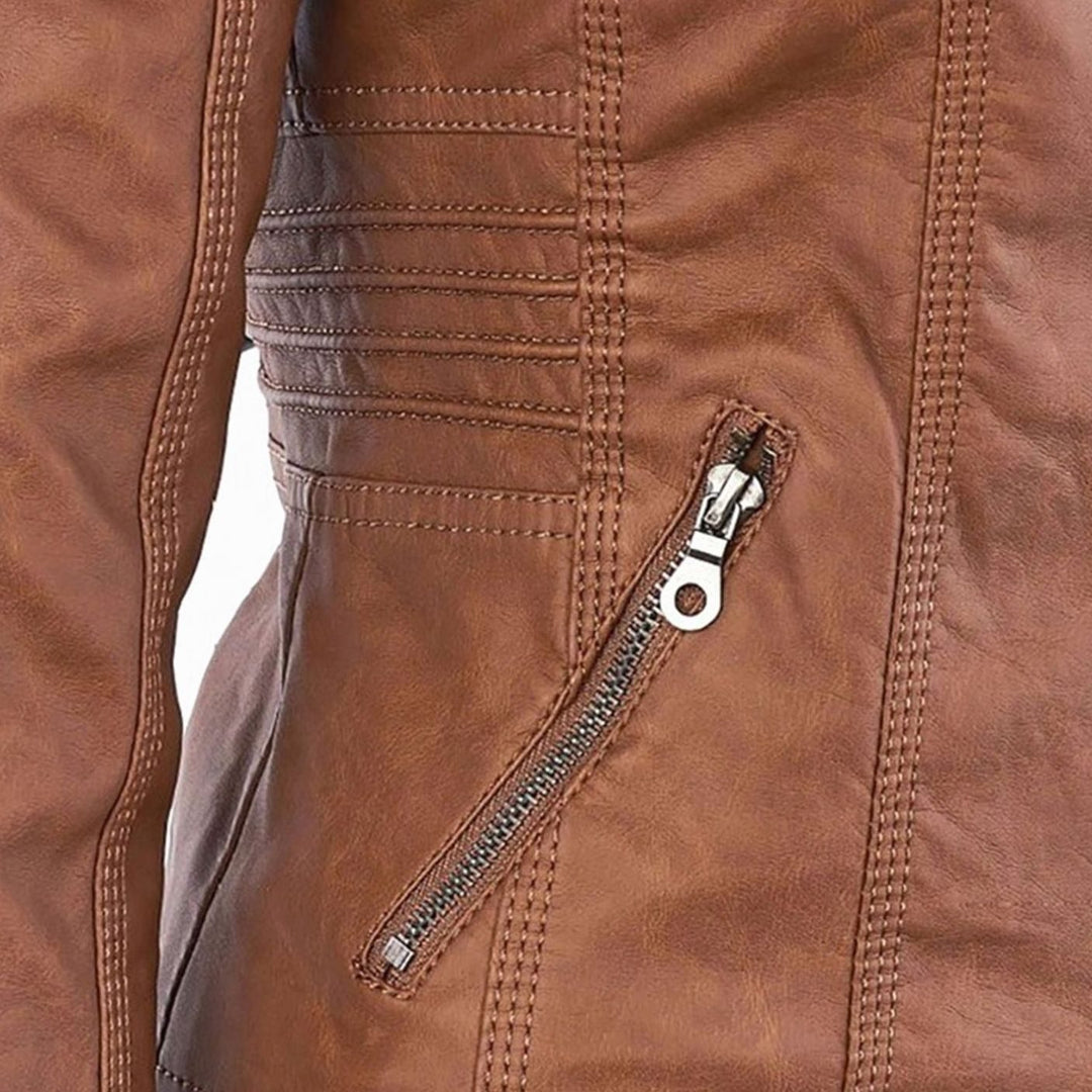 Women's Hooded Faux Leather Biker Jacket Zip-Up Drawstring