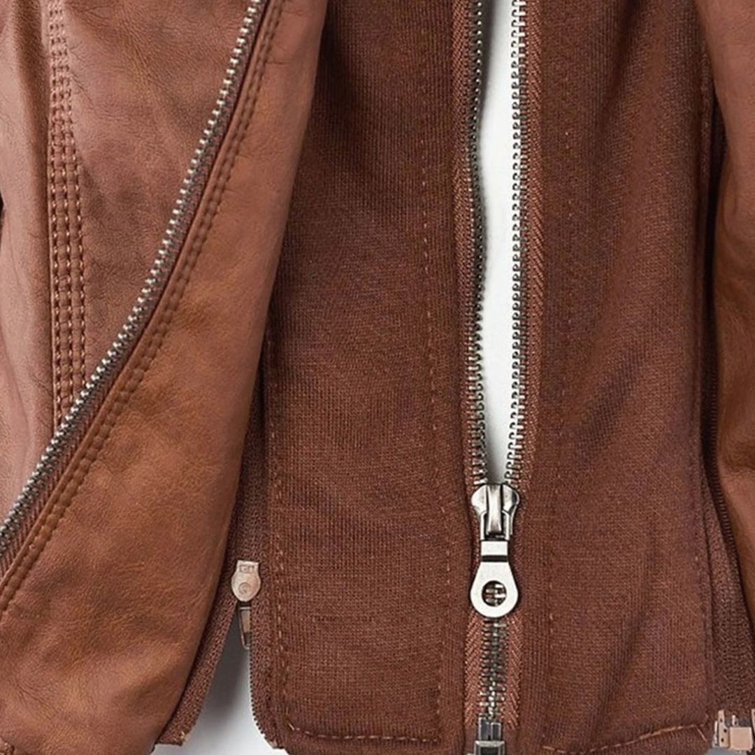 Women's Hooded Faux Leather Biker Jacket Zip-Up Drawstring