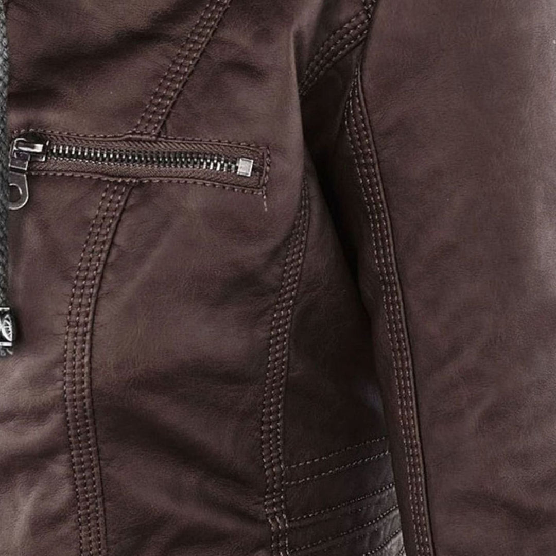 Women's Hooded Faux Leather Biker Jacket Zip-Up Drawstring