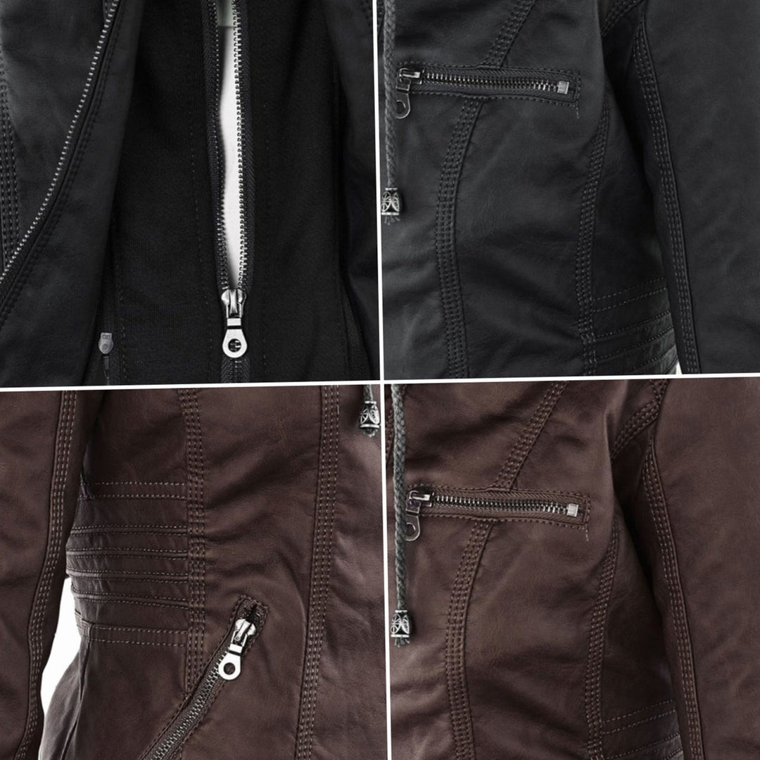 Women's Hooded Faux Leather Biker Jacket Zip-Up Drawstring