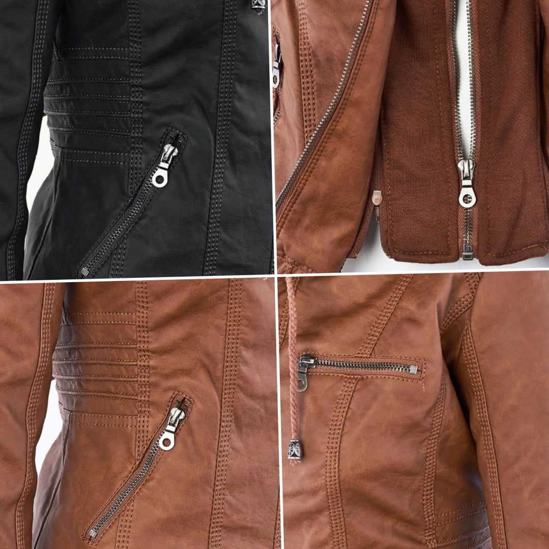 Women's Hooded Faux Leather Biker Jacket Zip-Up Drawstring