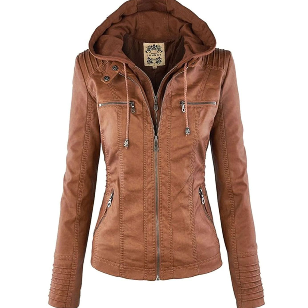Women's Hooded Faux Leather Biker Jacket Zip-Up Drawstring - Khaki