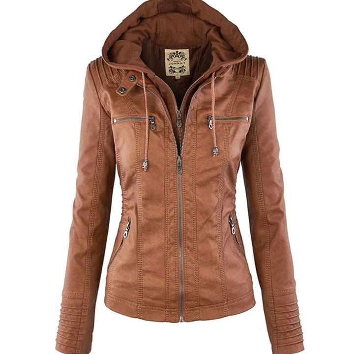 Women's Hooded Faux Leather Biker Jacket Zip-Up Drawstring - Khaki