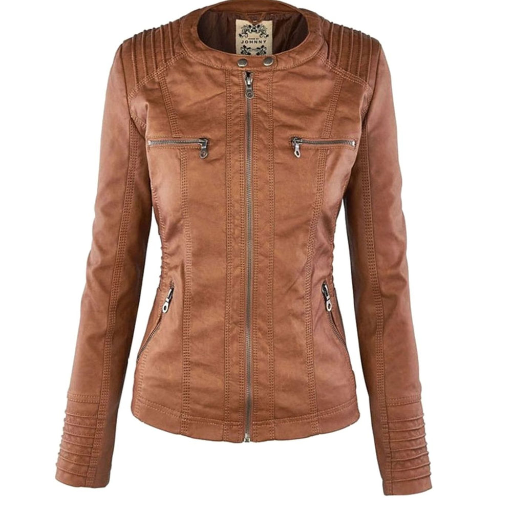 Women's Hooded Faux Leather Biker Jacket Zip-Up Drawstring