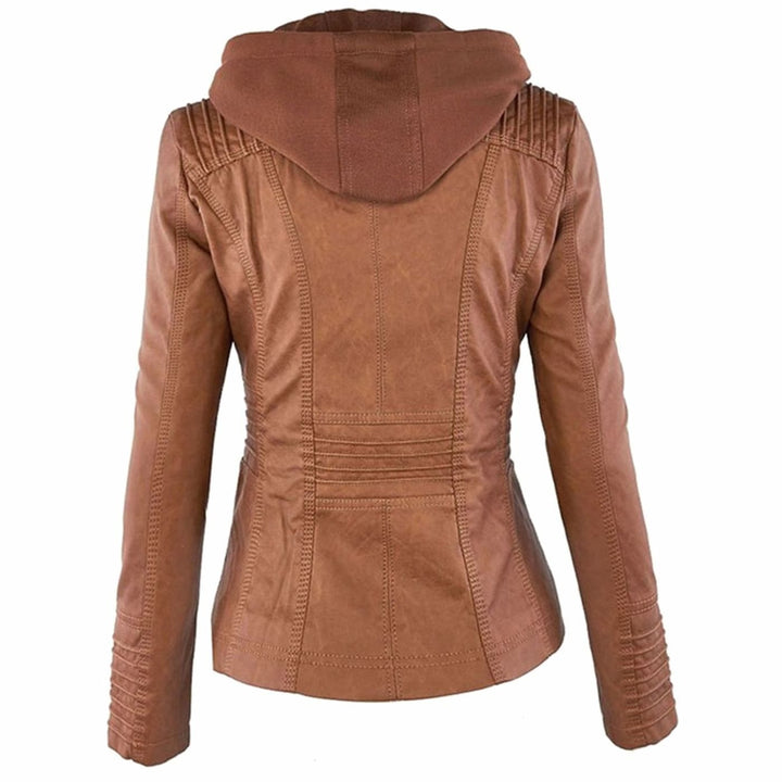 Women's Hooded Faux Leather Biker Jacket Zip-Up Drawstring