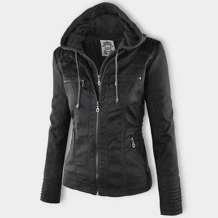 Women's Hooded Faux Leather Biker Jacket Zip-Up Drawstring - Black