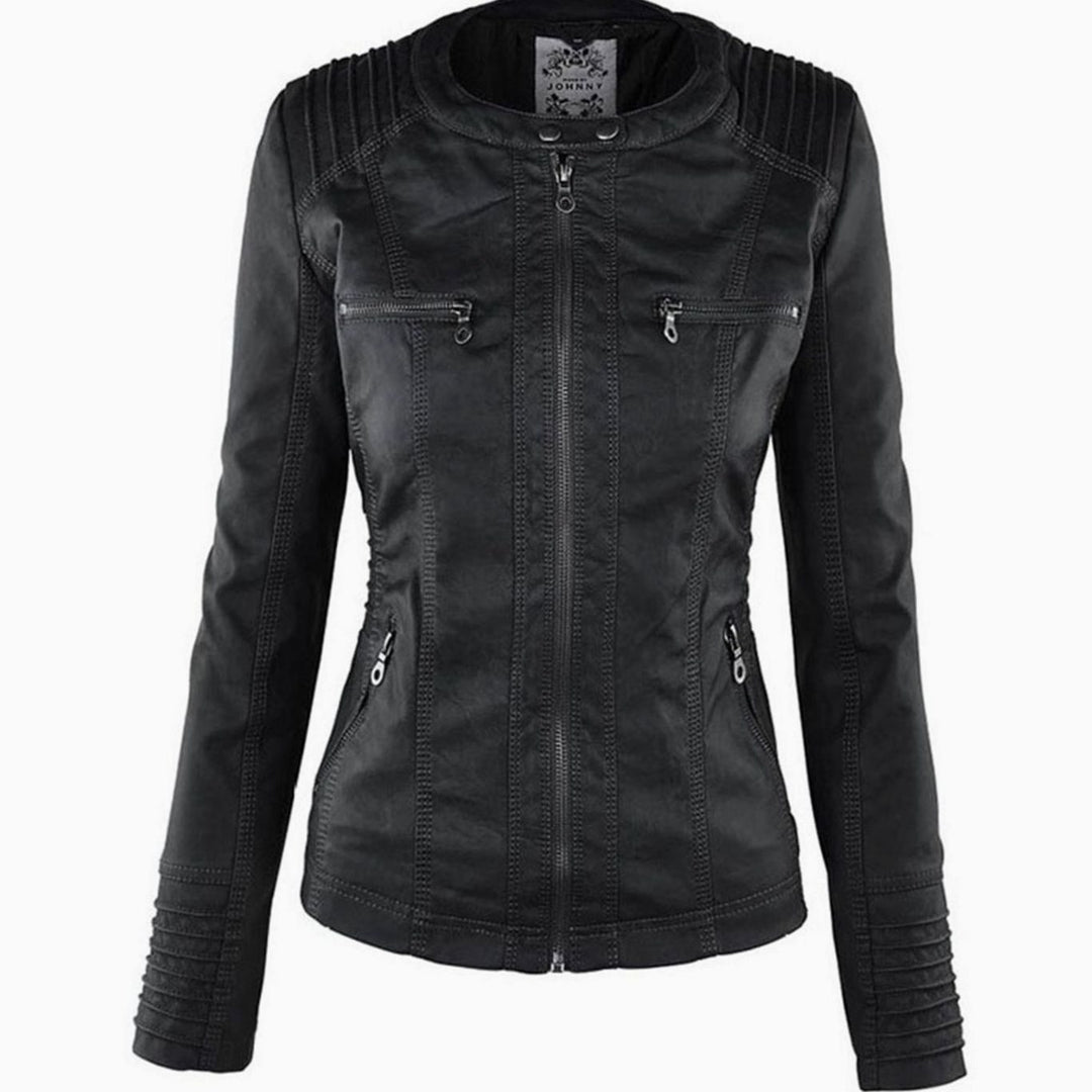 Women's Hooded Faux Leather Biker Jacket Zip-Up Drawstring