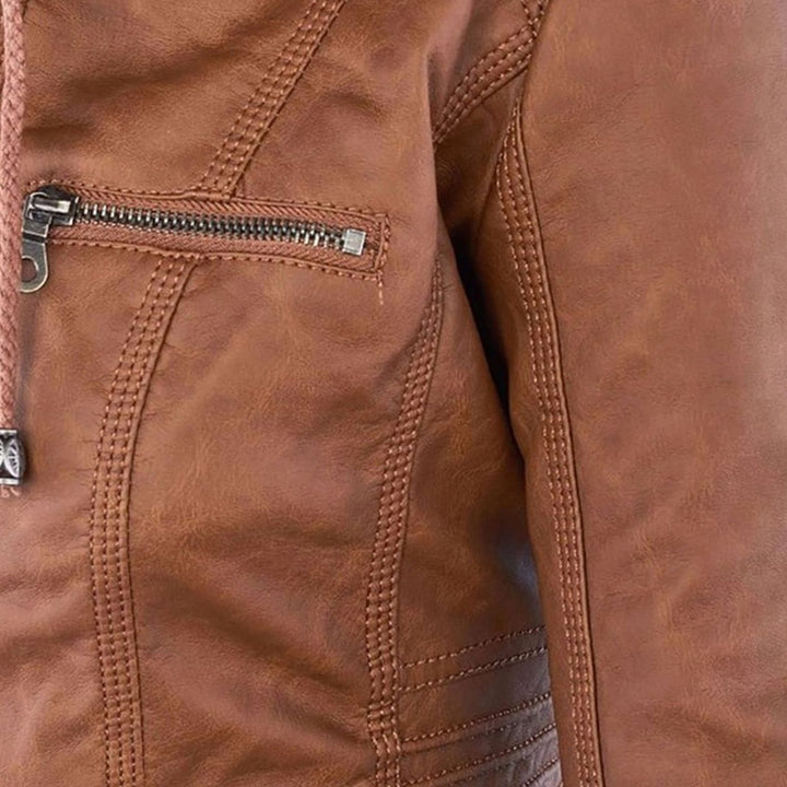 Women's Hooded Faux Leather Biker Jacket Zip-Up Drawstring