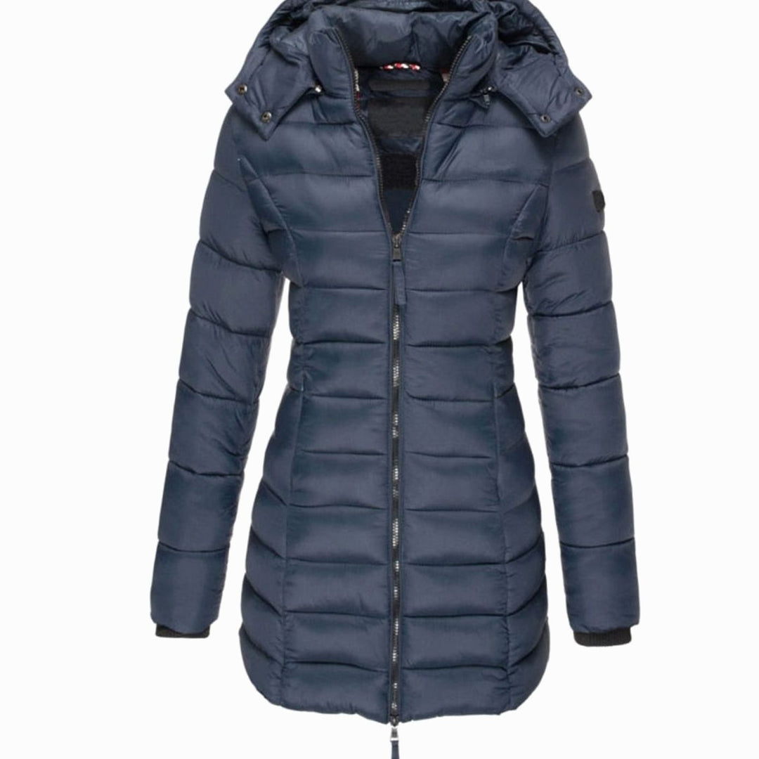 Women's Hooded Longline Quilted Puffer Winter Coat - Navy