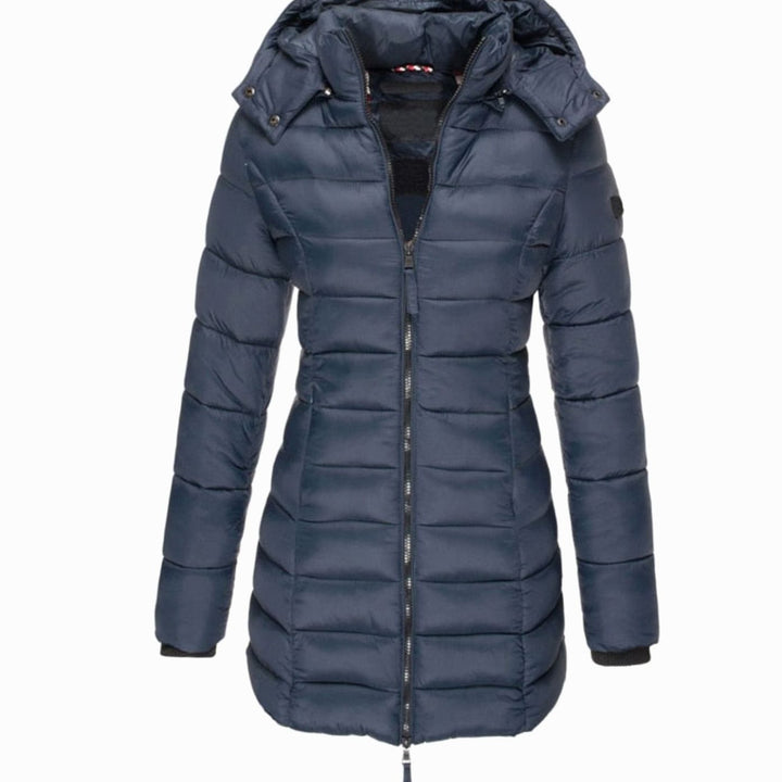 Women's Hooded Longline Quilted Puffer Winter Coat - Navy