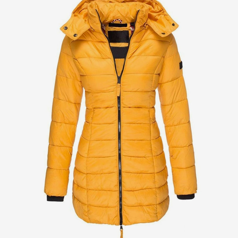 Women's Hooded Longline Quilted Puffer Winter Coat - Yellow