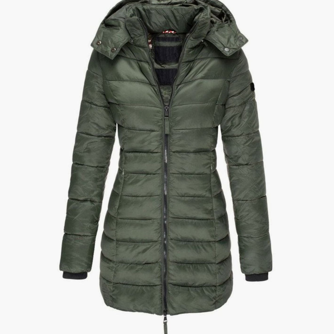 Women's Hooded Longline Quilted Puffer Winter Coat - Green