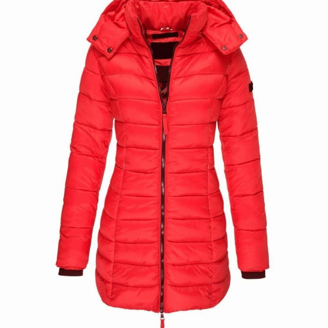Women's Hooded Longline Quilted Puffer Winter Coat - Red