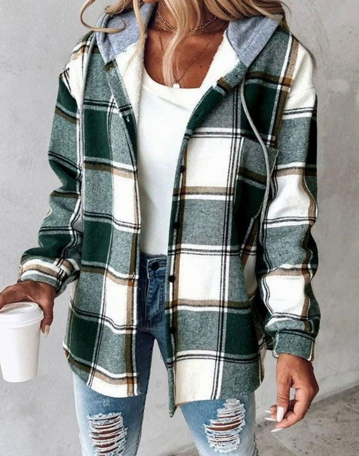 Women's Hooded Plaid Flannel Shacket Button-Up Jacket - Green