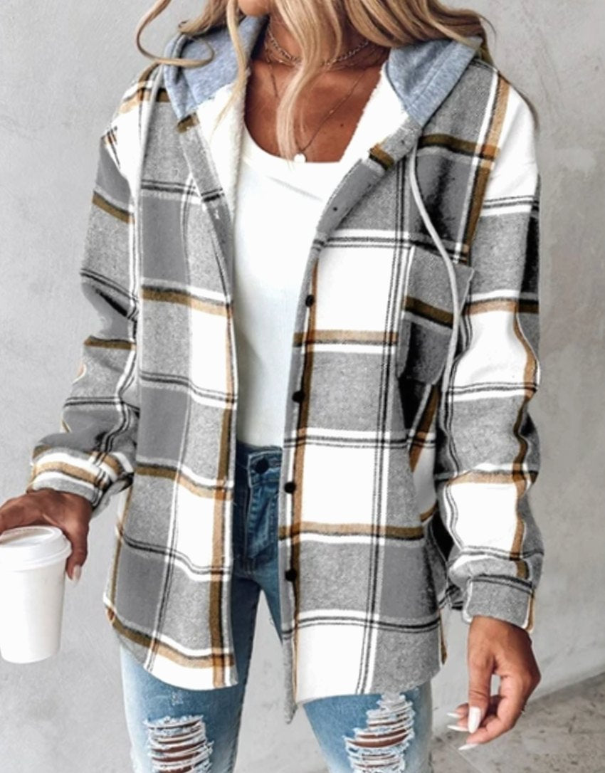 Women's Hooded Plaid Flannel Shacket Button-Up Jacket - Grey