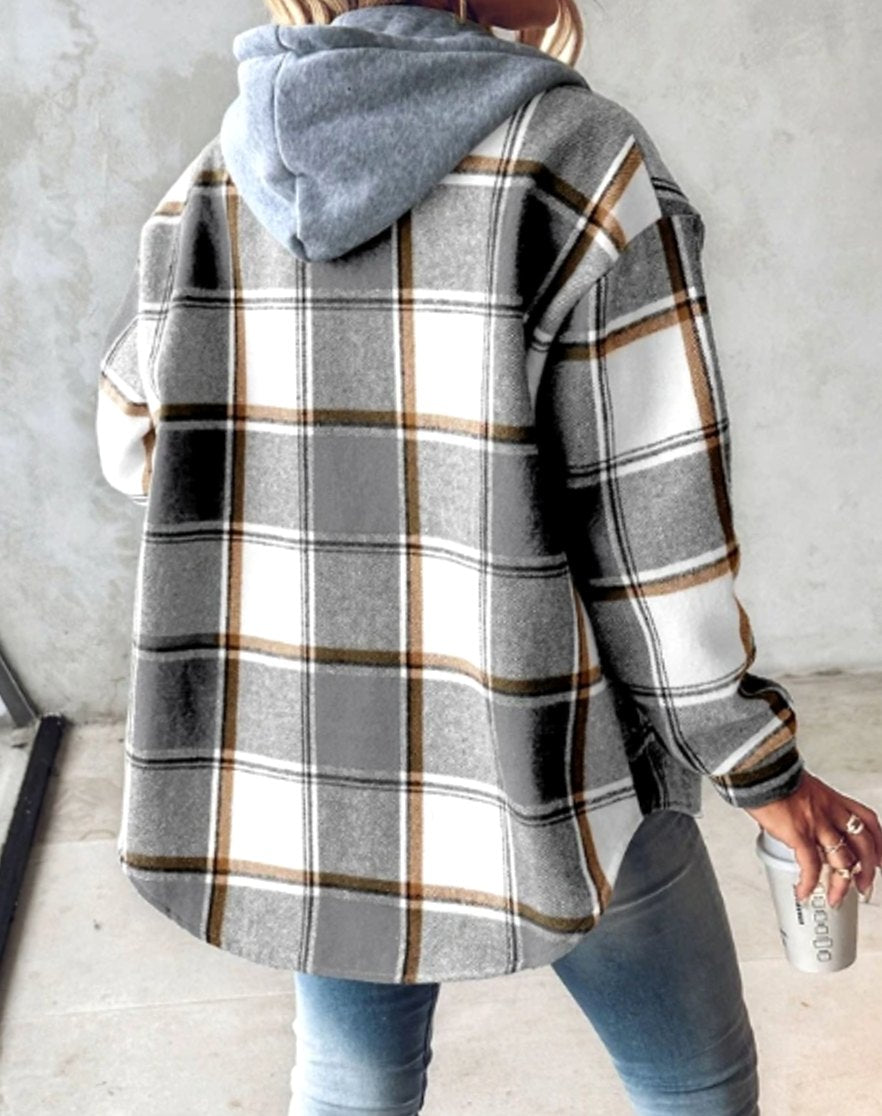 Women's Hooded Plaid Flannel Shacket Button-Up Jacket