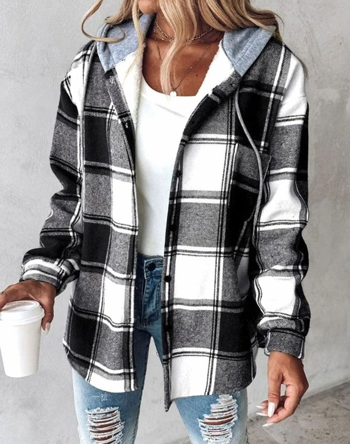 Women's Hooded Plaid Flannel Shacket Button-Up Jacket - Black
