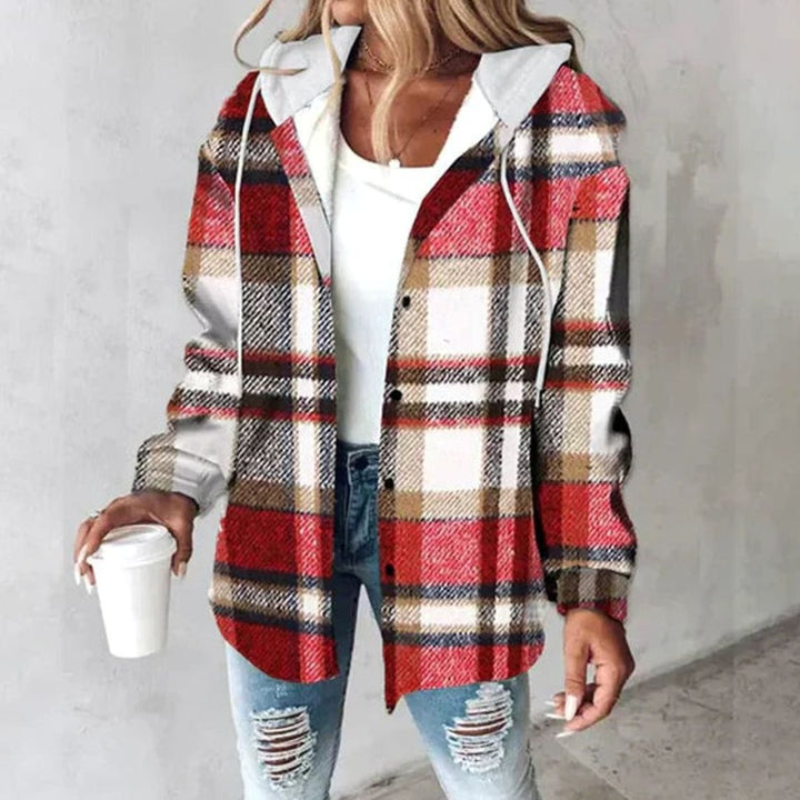 Women's Hooded Plaid Flannel Shacket Button-Up Jacket - Red