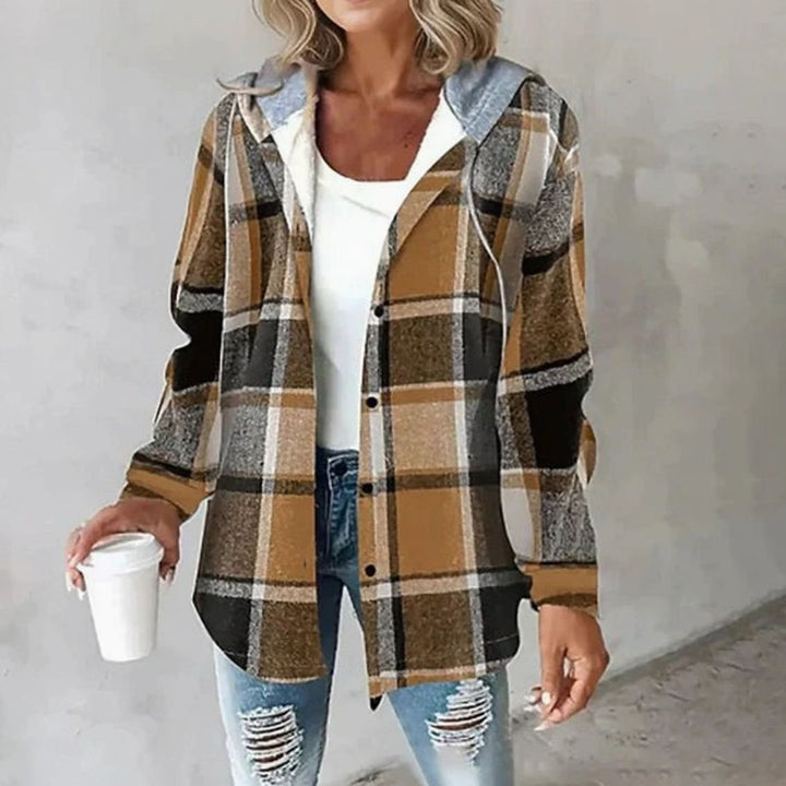 Women's Hooded Plaid Flannel Shacket Button-Up Jacket - Brown