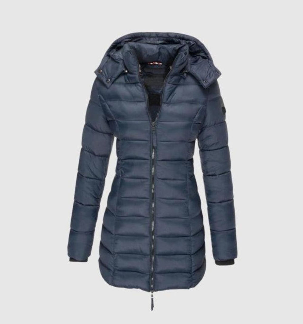 Women's Hooded Quilted Puffer Midi Winter Coat - Navy Blue