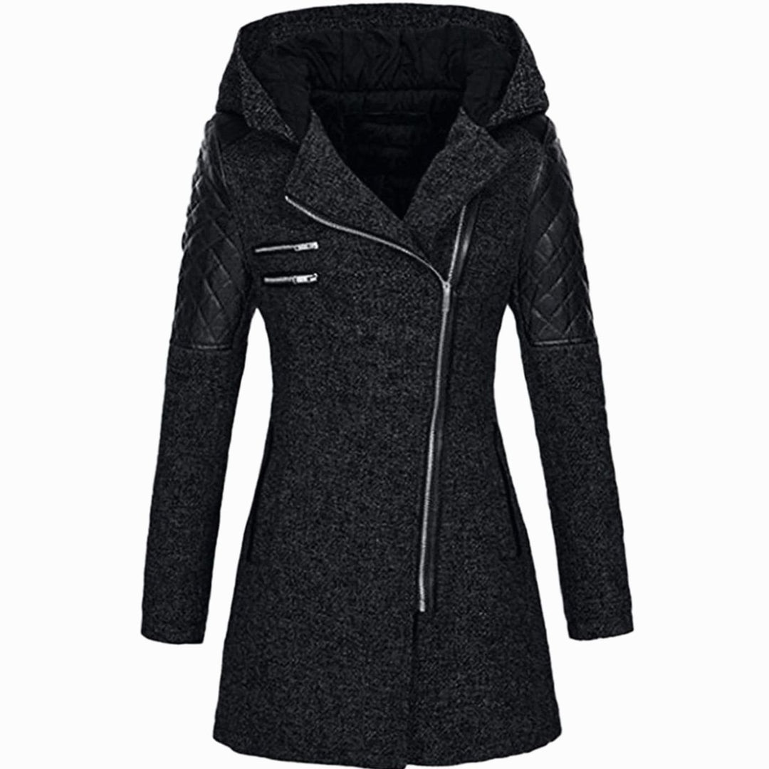 Women's Hooded Wool-Blend Quilted Sleeve Asymmetric Zip Winter Coat