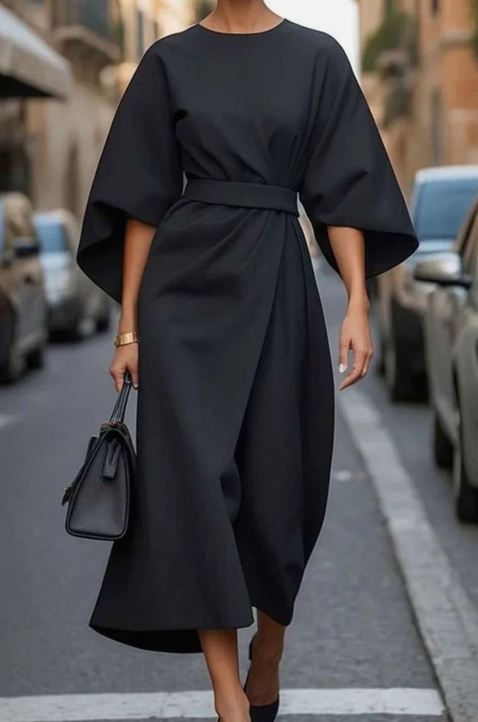 Women's Kimono Sleeve Belted Wrap Midi Dress